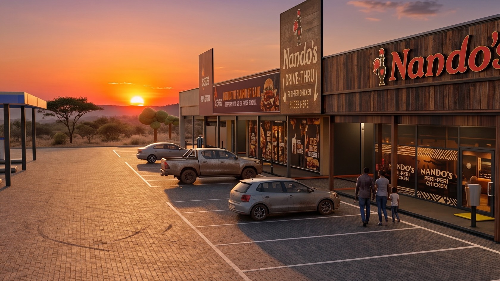 Nando's frontage at sunset